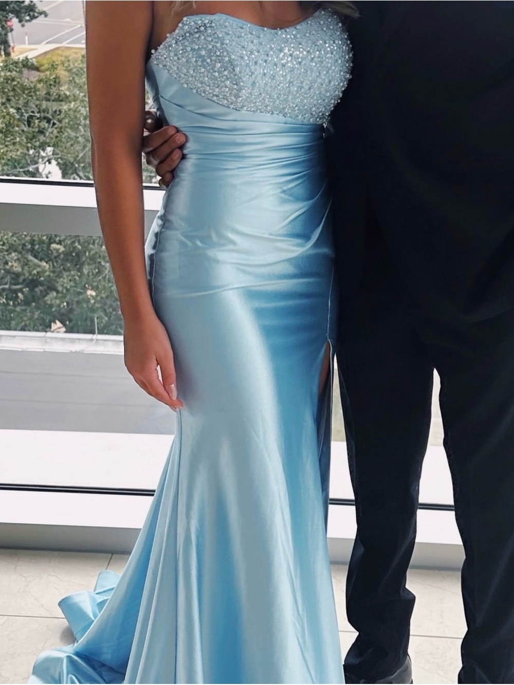 Sherri Hill Beaded Sweetheart Light Blue Satin Prom Dress